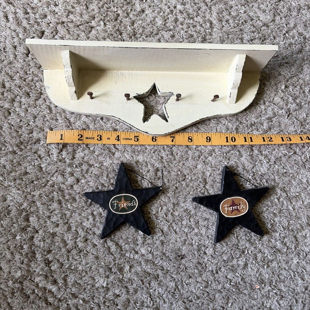 Primitive Small Wood Wall Shelf with decorative Stars Distressed Decor